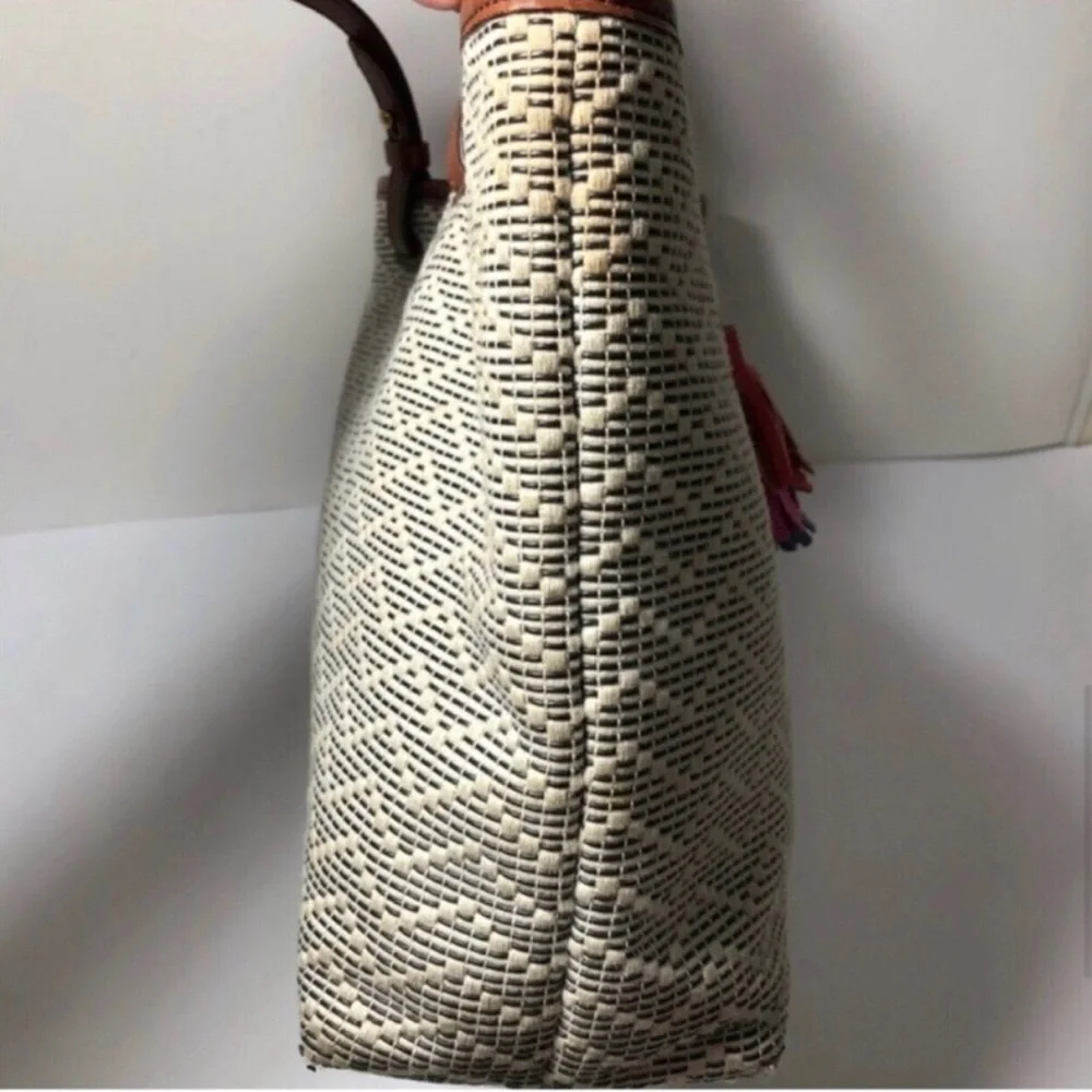 Fossil Brown and Cream Tassel Tote Bag.